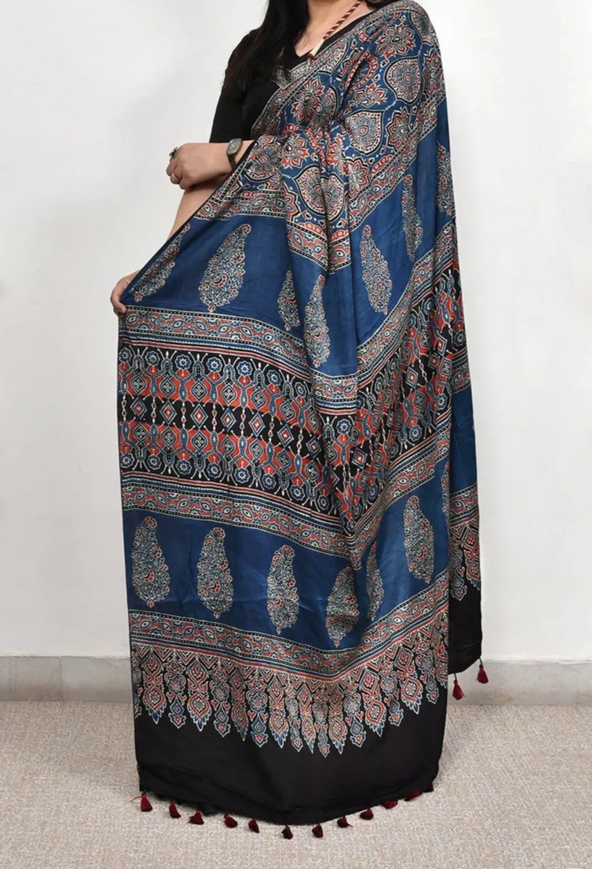 Blue Ajrakh Printed Silk Saree