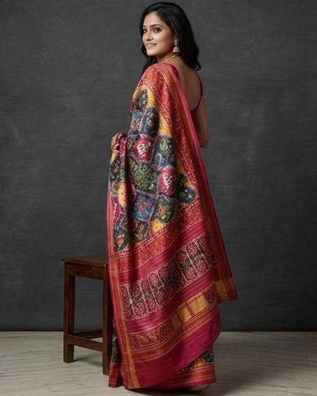 Multicolored Patola Saree with Traditional Animal Motifs and Rich Red Pallu