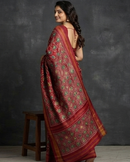 Maroon Patola Saree with Intricate Floral and Bird Motifs and Rich Gold Zari Pallu
