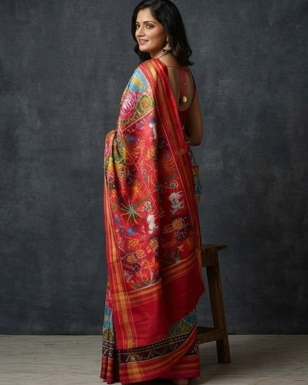 Multi-Color Patola Saree with Traditional Elephant and Floral Motifs and Rich Red Pallu