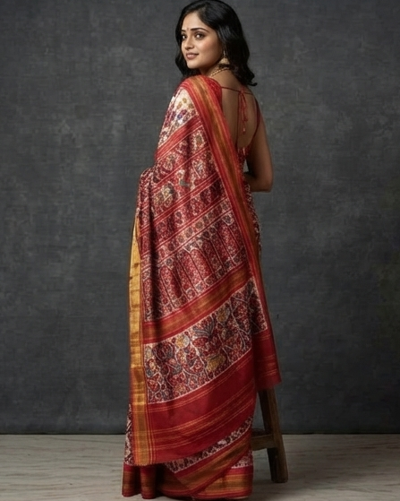 Rich Maroon Patola Saree with Traditional Box Motifs and Gold Zari Pallu