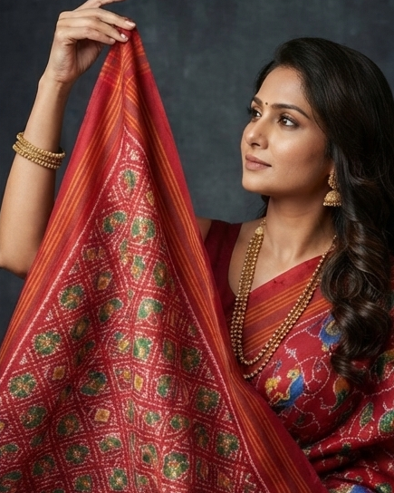 Red Patola Saree with Intricate Peacock and Floral Motifs and Striped Zari Pallu