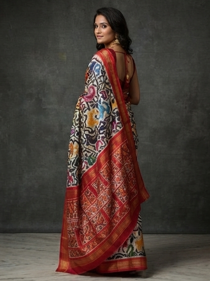 Ivory and Red Patola Saree with Multicolored Animal Motifs and Geometric Pallu