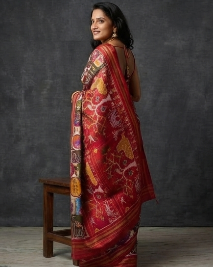Off-White and Multi-Color Patola Saree with Traditional Elephant and Floral Motifs and Rich Red Pallu