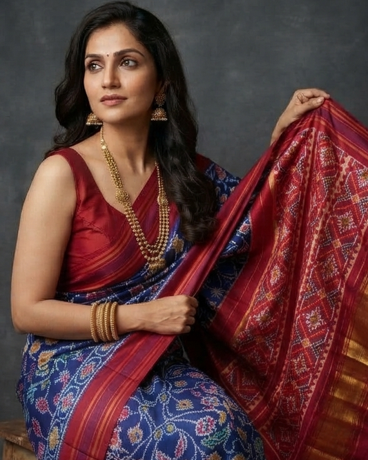 Blue and Magenta Patola Sarious with Traditional Animal Motifs and Rich Gold Zari Pallu