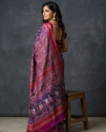 Royal Purple Patola Saree with Traditional Peacock and Floral Motifs and Rich Magenta Zari Pallu
