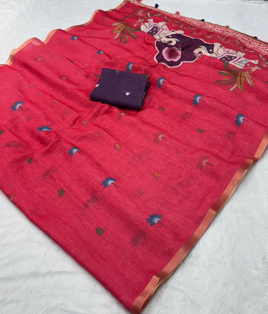 Coral Linen Saree With Purple Elephant Pallu