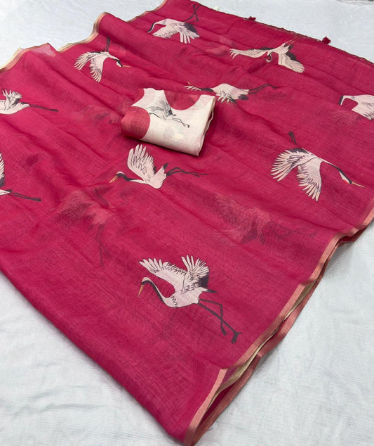 Raspberry Rose Pure Linen Crane Print Saree