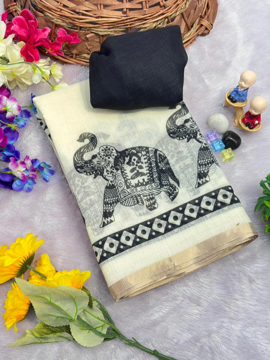 Ivory Cream Pure Linen Elephant Print Saree