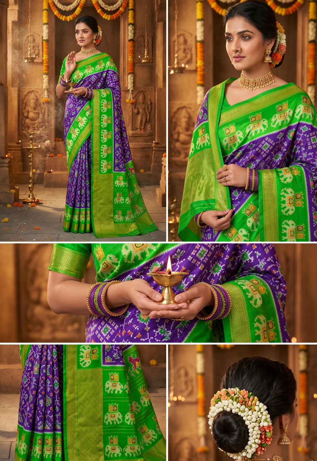 Purple and Parrot Green Pochampally Ikkat Silk Saree Zari