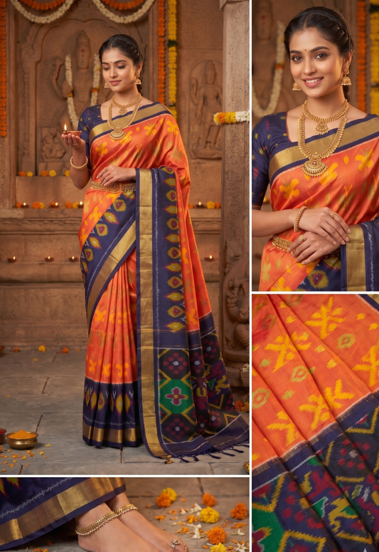 Orange and Navy Blue Pochampally Ikkat Silk Saree Zari