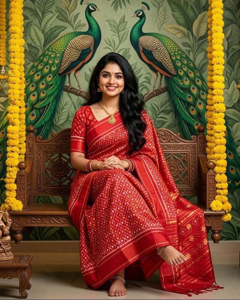 Red Pochampally Ikkat Silk Saree Gold Zari Diamond Motifs