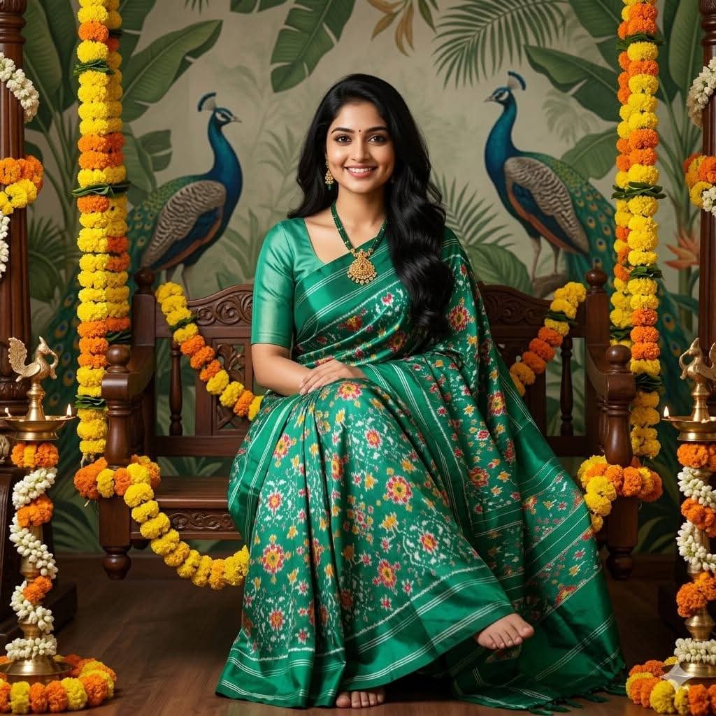 Emerald Green Pochampally Ikkat Pure Silk Saree Silver Zari