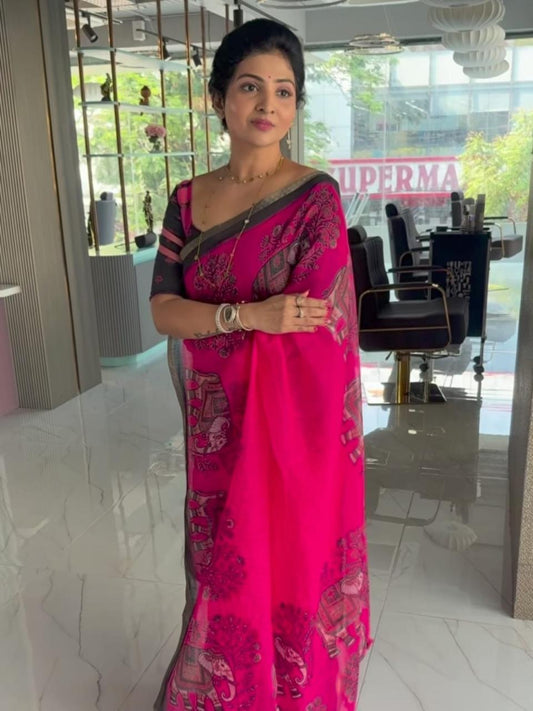 Vibrant Pink Elephant Motif Chanderi Cotton Saree