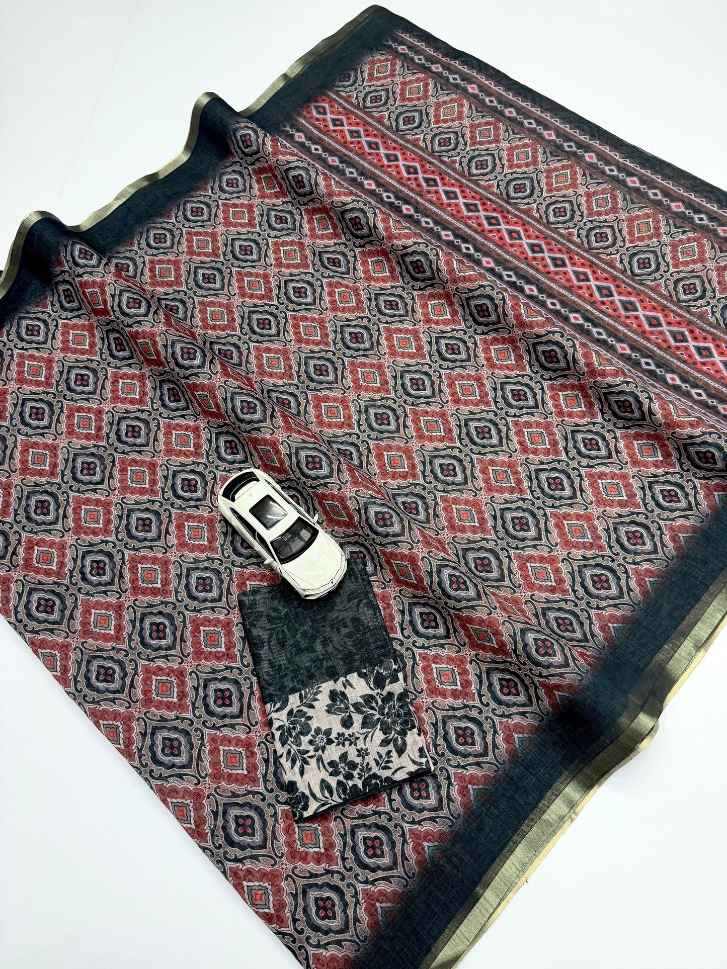 Charcoal Black Brick Red Geometric Linen Saree