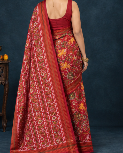 Red and Multi-Color Patola Saree with Traditional Animal Motifs, Rich Pallu, and Temple Set Styling