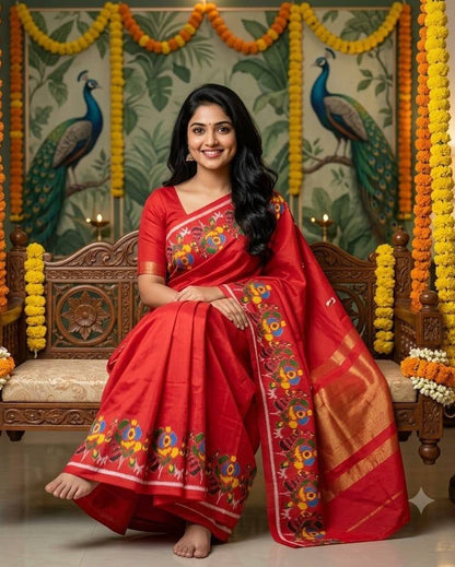 Vibrant Red Printed Saree with Floral Borders