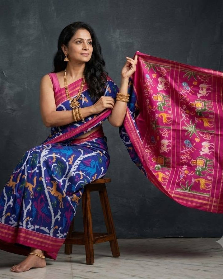 Royal Blue and Magenta Patola Saree with Traditional Animal Motifs and Zari Border