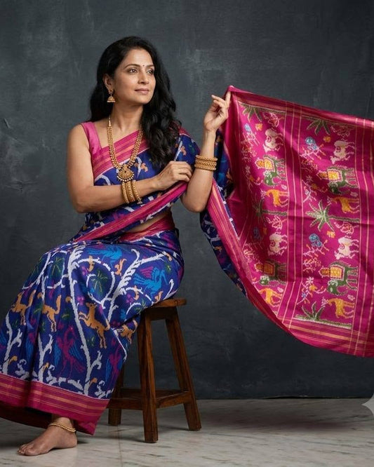 Royal Blue and Magenta Patola Saree with Traditional Animal Motifs and Zari Border