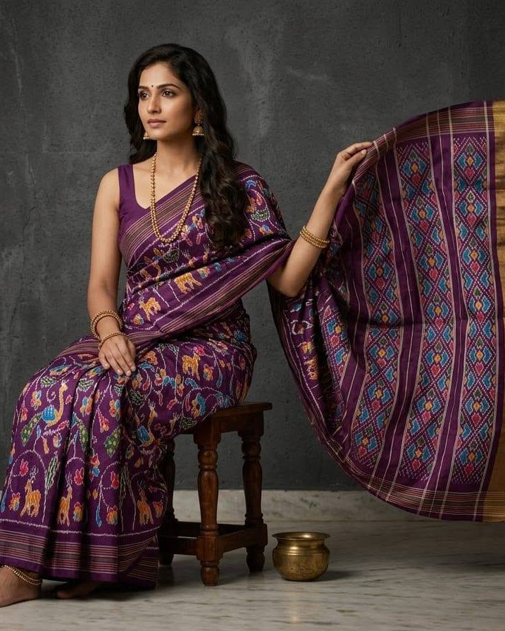 Deep Purple Patola Saree with Traditional Animal Motifs and Geometric Pallu