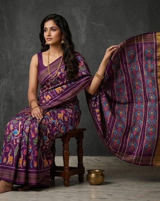 Deep Purple Patola Saree with Traditional Animal Motifs and Geometric Pallu