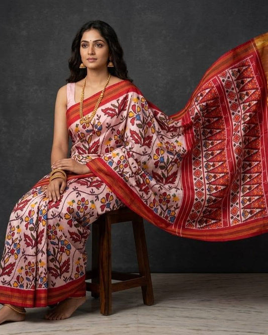 Pastel Pink Patola Saree with Crimson Red Floral Motifs and Zari Border