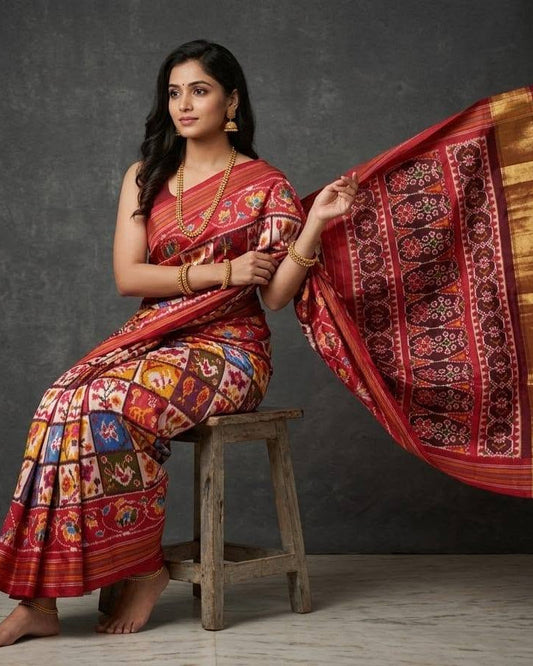 Rich Maroon Patola Saree with Traditional Box Motifs and Gold Zari Pallu