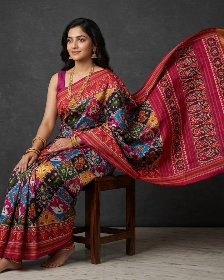 Multicolored Patola Saree with Traditional Animal Motifs and Rich Red Pallu