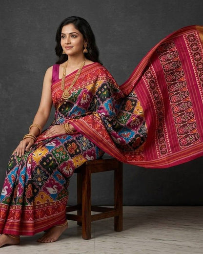 Multicolored Patola Saree with Traditional Animal Motifs and Rich Red Pallu