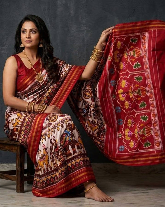Off-White and Maroon Patola Saree with Traditional Animal Motifs and Floral Pallu