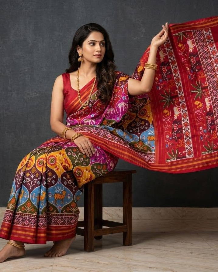 Magenta and Multi-Color Patola Saree with Geometric Compartment Weaving and Rich Red Pallu