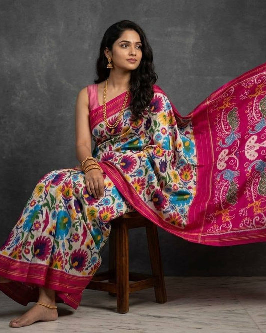 White and Pink Patola Saree with Vibrant Floral Motifs and Rich Pink Pallu