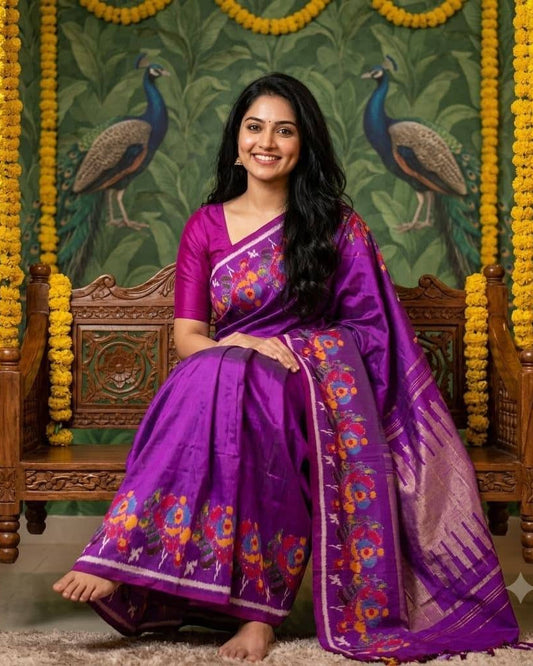 Royal Purple Printed Saree with Multi-Colored Floral Borders