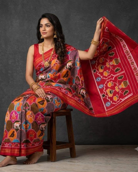 Red and Multi-Color Patola Silk with Traditional Compartment Motifs and Rich Red Pallu