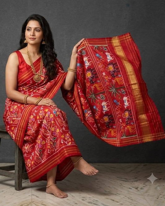 Red and Multi-Color Patola Saree with Traditional Animal and Floral Motifs