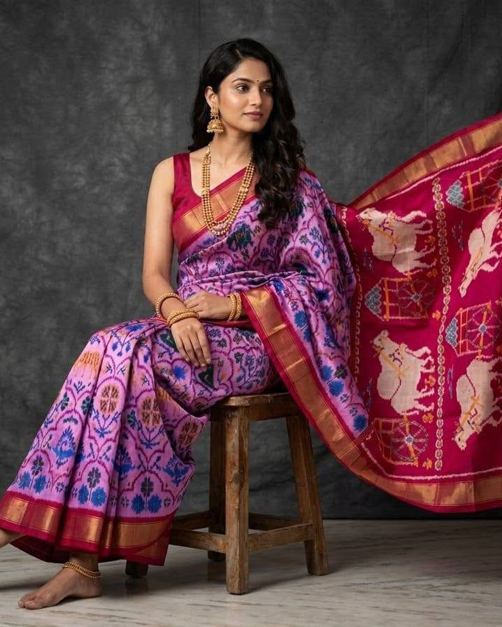 Lavender and Magenta Patola Saree with Traditional Elephant Motifs and Rich Gold Zari Border