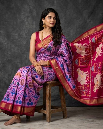 Lavender and Magenta Patola Saree with Traditional Elephant Motifs and Rich Gold Zari Border