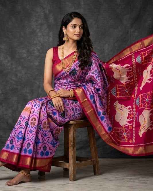 Lavender and Magenta Patola Saree with Traditional Elephant Motifs and Rich Gold Zari Border