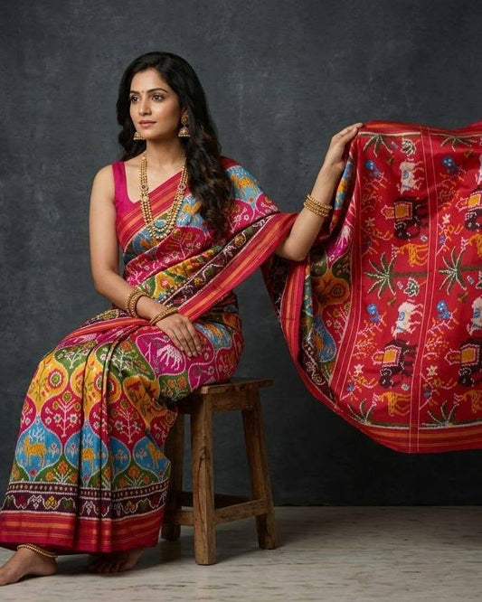 Multi-Color Patola Saree with Traditional Elephant and Floral Motifs and Rich Red Pallu