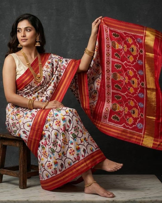 Off-White and Multi-Color Patola Saree with Traditional Floral Motifs and Rich Red Pallu