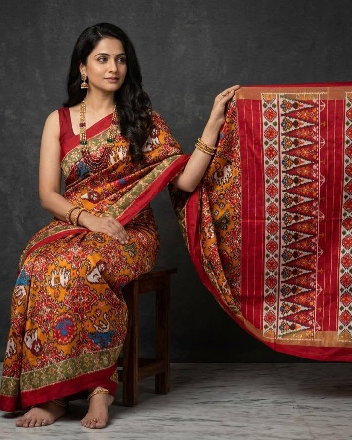 Mustard and Red Patola Saree with Intricate Elephant and Geometric Pallu