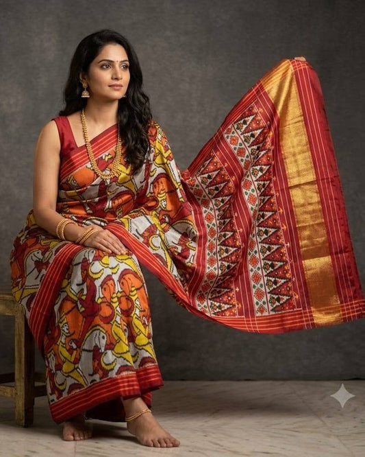 Multi-Color Patola Saree with Traditional Figural Motifs and Grand Gold Zari Pallu
