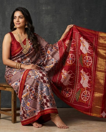 Off-White and Maroon Patola Saree with Traditional Chariot Motifs and Gold Zari Pallu
