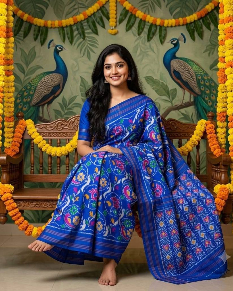 Royal Blue Patola Saree with Intricate Multi-Color Floral Motifs and Zari Borders