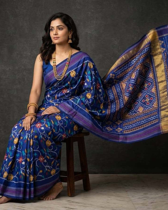Deep Blue and Purple Patola Saree with Floral Ikat Motifs and Gold Zari Pallu