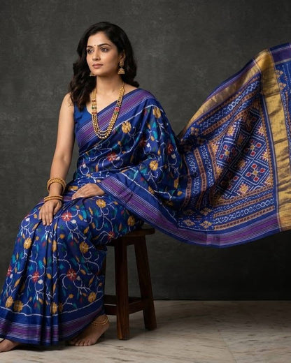 Deep Blue and Purple Patola Saree with Floral Ikat Motifs and Gold Zari Pallu