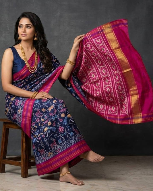 Navy Blue and Magenta Patola Saree with Floral Ikat Motifs and Gold Zari Border