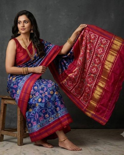 Blue and Magenta Patola Sarious with Traditional Animal Motifs and Rich Gold Zari Pallu