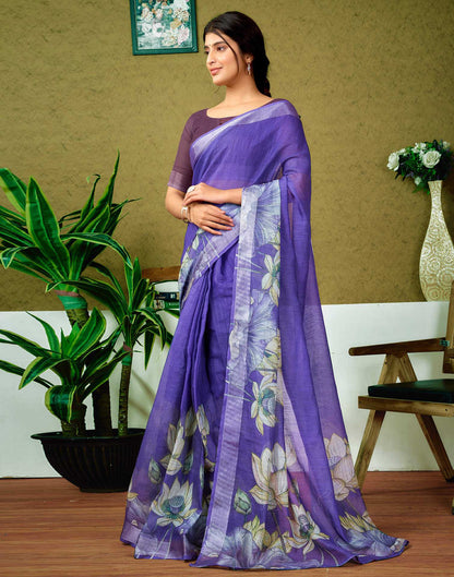 Ready To Wear Purple Linen Floral Printed Saree