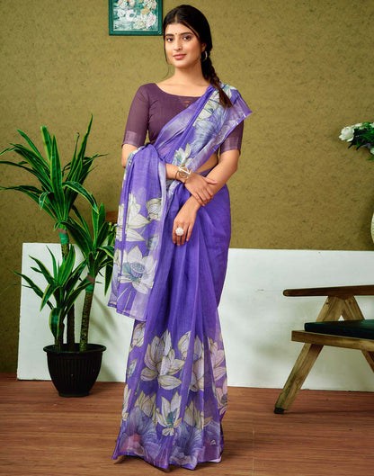 Ready To Wear Purple Linen Floral Printed Saree